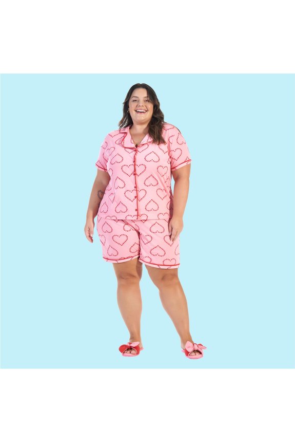 03 pijama feminino americano plus size rosa coracao bela notte