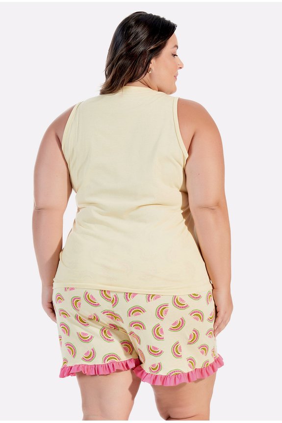 02 pijama feminino adulto plus size frutas amarelo bela notte