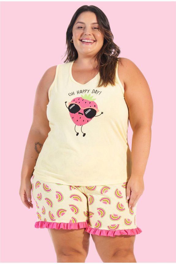 03 pijama feminino adulto plus size frutas amarelo bela notte