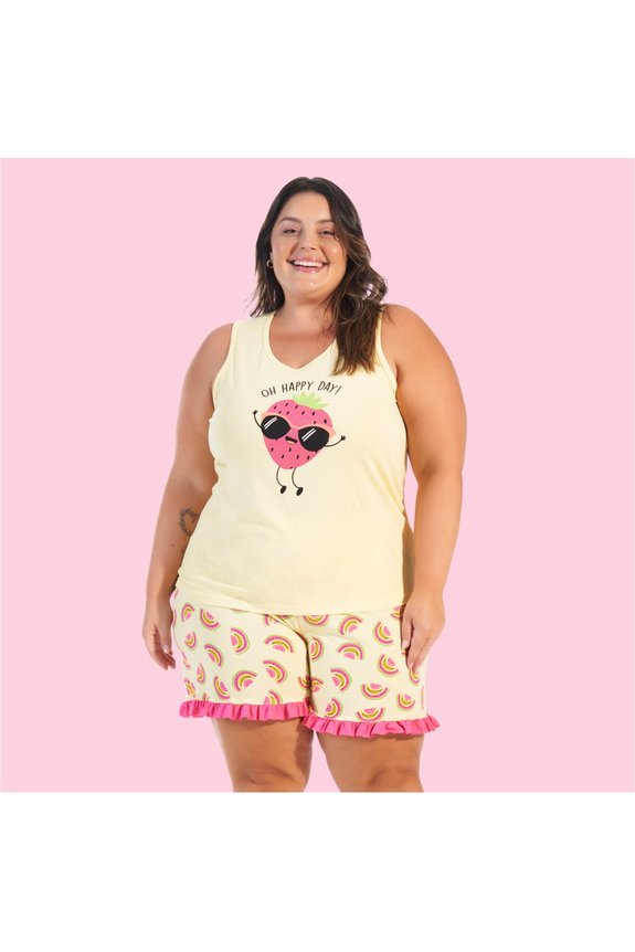 07 pijama feminino adulto plus size frutas amarelo bela notte
