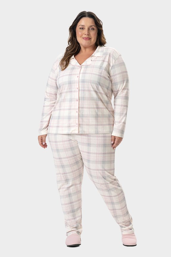 Pijama Feminino Plus Size Americano Longo Xadrez Bela Notte
