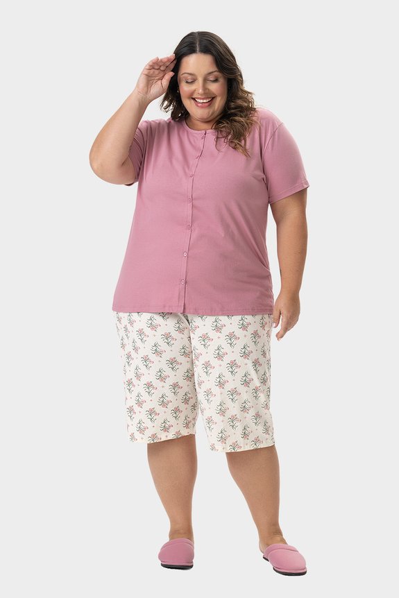 03 pijama feminino plus size mc capri floral bela notte