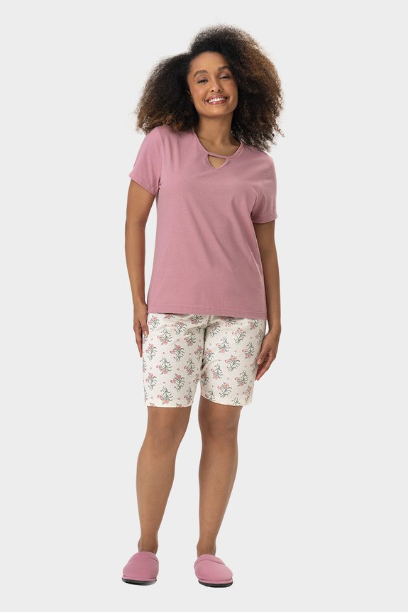 03 pijama feminino adulto bermuda floral bela notte