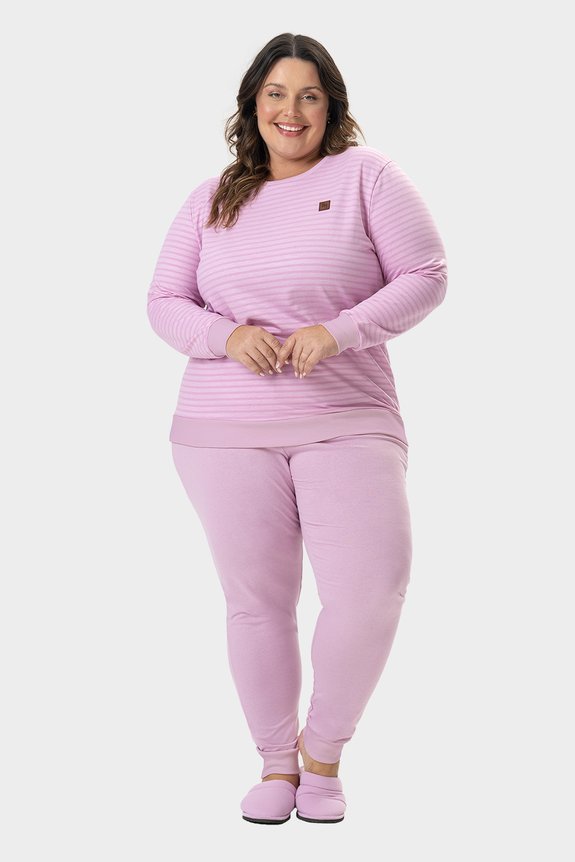 03 pijama feminino plus size longo listrado bela notte rosa