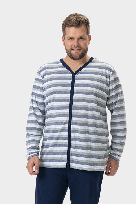 02 pijama masculino plus size manga longa com abertura listrado bela notte