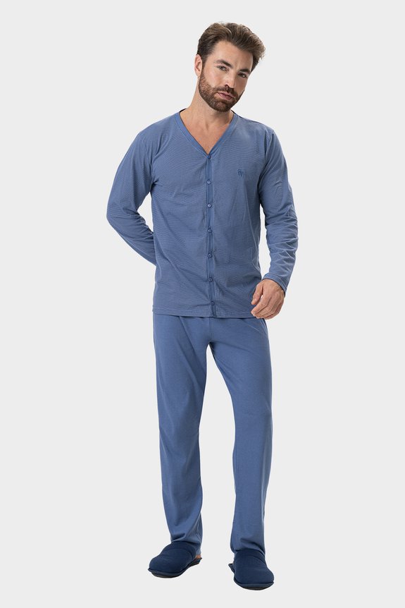 01 pijama masculino adulto manga longa com abertura pontilhado bela notte
