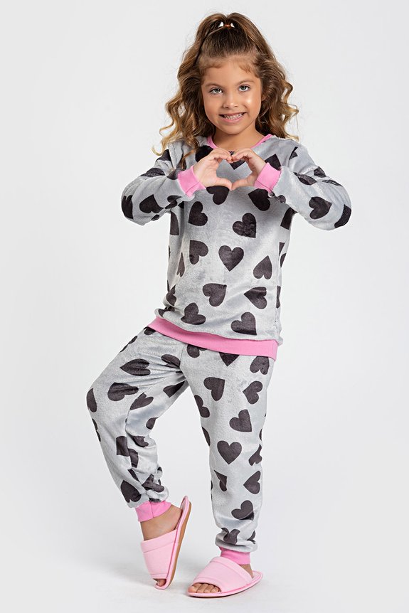 03 pijama infantil feminino fleece bela notte cinza coracao