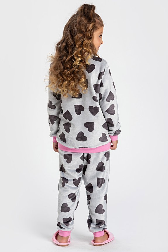 04 pijama infantil feminino fleece bela notte cinza coracao