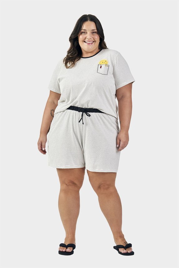 02 pijama feminino plus size manga curta sol listrado bela notte