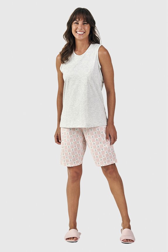 03 pijama regata c bermuda feminino adulto floral bela notte