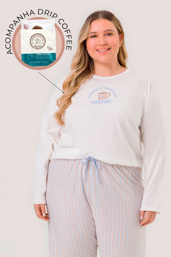 01 pijama plus size feminino manga longa coffee time
