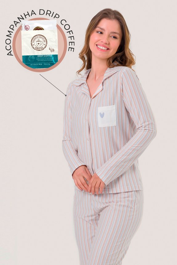02 pijama adulto feminino americano manga longa coffee time