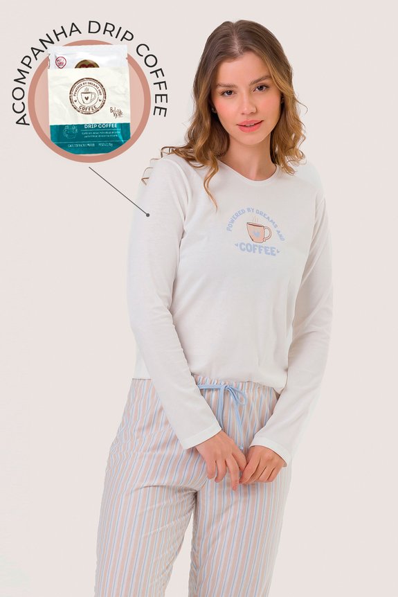 01 pijama adulto feminino manga longa coffee time