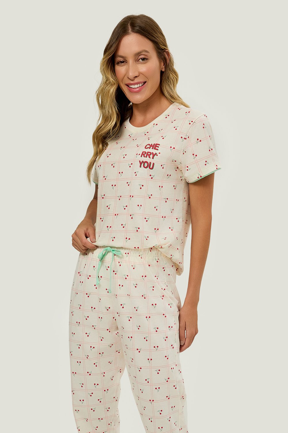 Pijama Adulto Feminino Camisola Manga Curta Cereja