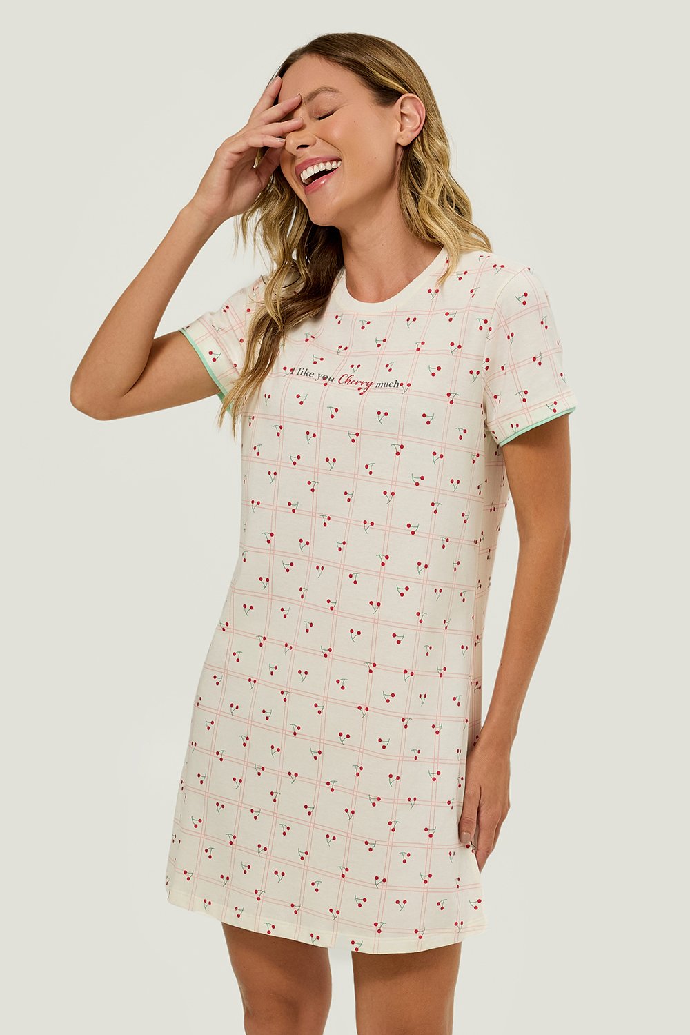 くるみ Pijama Adulto Feminino Camisola Manga Curta Cereja