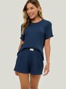 Pijama Adulto Feminino Short Doll Manga Curta Azul Marinho Canelado