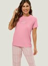 Pijama Adulto Feminino Capri Manga Curta Xadrez Rosa Verão
