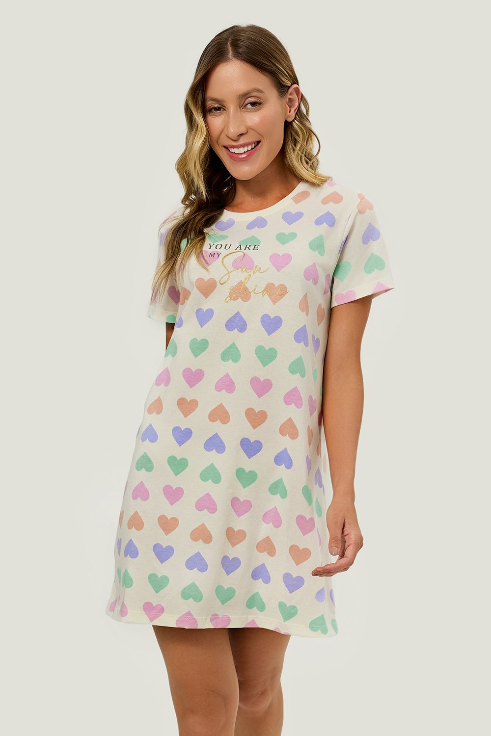 Pijama Adulto Feminino Camisola Manga Curta Coração