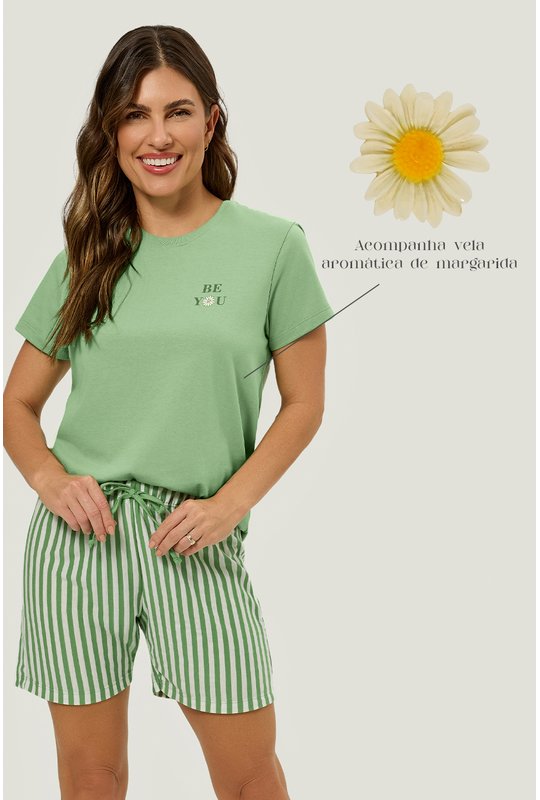 02 pijama adulto feminino short doll manga curta verde essencia comfy