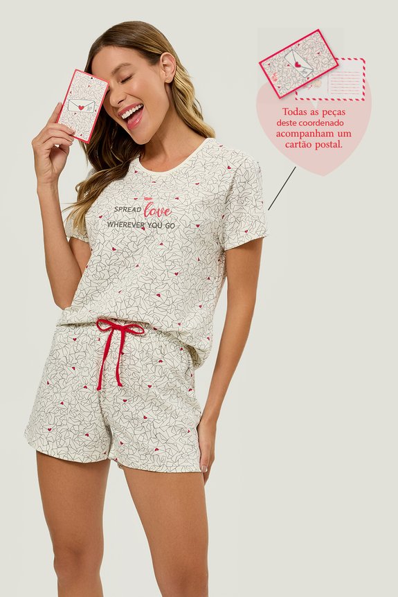 01 pijama adulto feminino short doll manga curta cartas