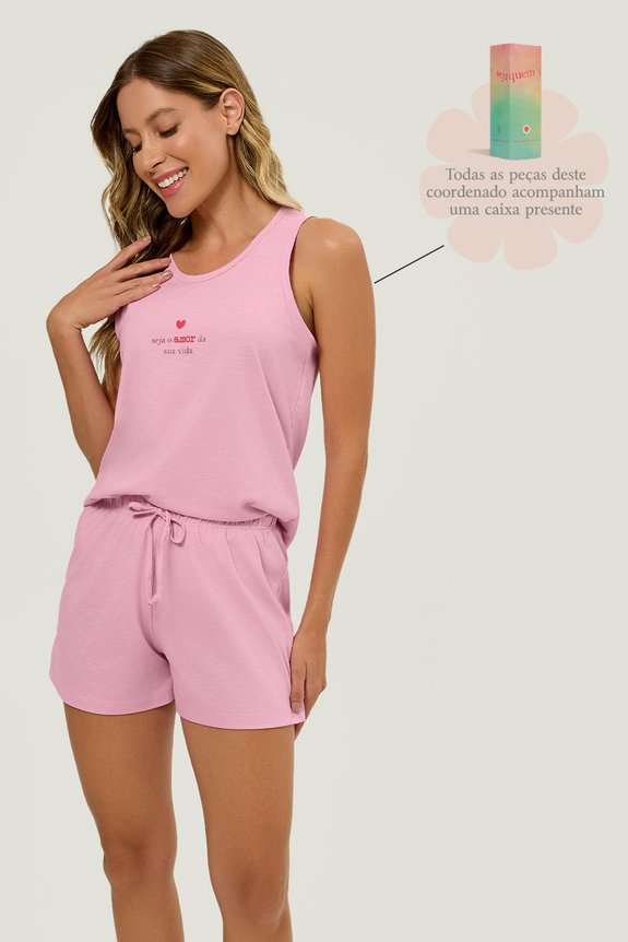 01 pijama adulto feminino short doll rosa regata presente seja voce