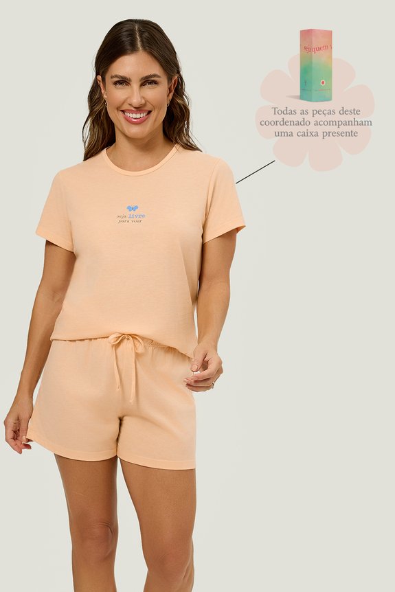 01 pijama adulto feminino short doll laranja manga curta presente seja voce