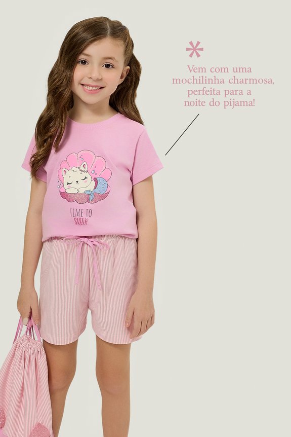 01 pijama infantil juvenil feminino short doll manga curta gato sereia